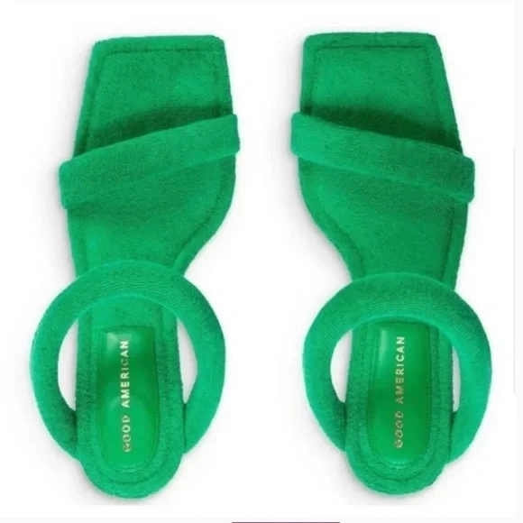 NEW Good American Women's Terry Slip On Green & Gold High Heel Sandals Size 8.5 - Picture 2 of 4
